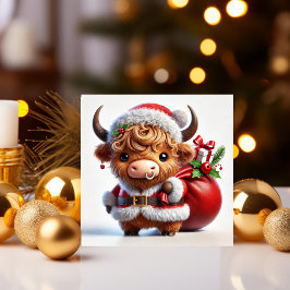 Santa Highland Cow med Gift Sack Julkort