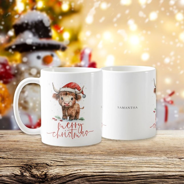 Santa Highland Cow Script Namn God jul Kaffemugg (Personalise with a name)