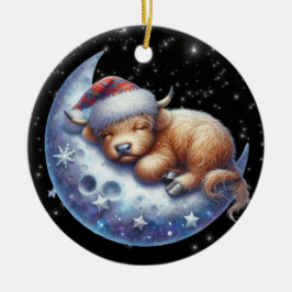 Santa Highland Cow Sleeping på Måne Julgransprydnad Keramik