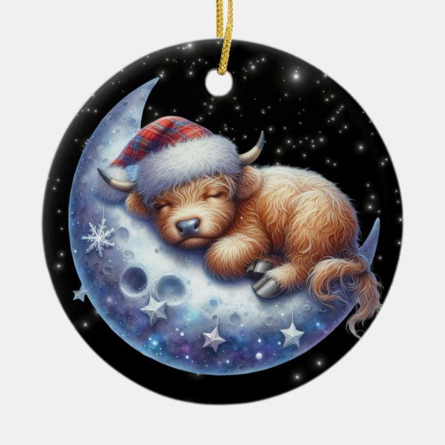 Santa Highland Cow Sleeping på Måne Julgransprydnad Keramik (Framsidan)