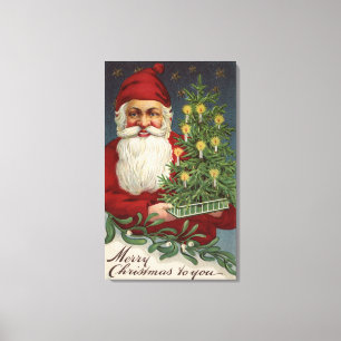 Santa Holding a Candlelit Träd Canvastryck