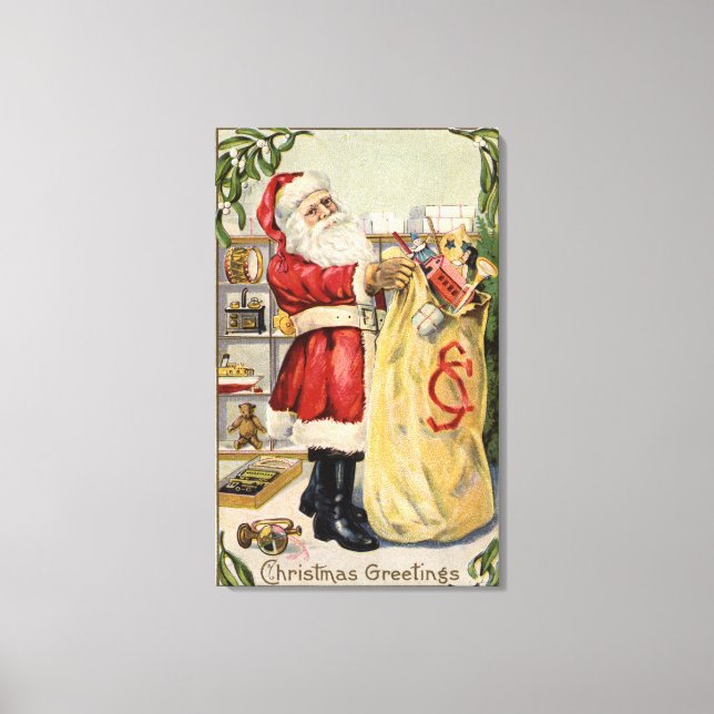 Santa Holding a Overflowing Bag of Leksak Canvastryck (Framsida)