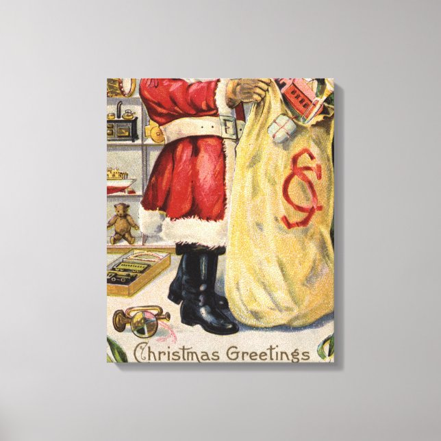 Santa Holding a Overflowing Bag of Leksak Canvastryck (Framsida)