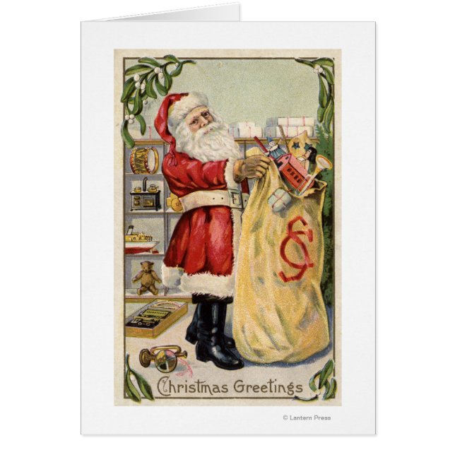 Santa Holding a Overflowing Bag of Leksaker Hälsningskort (Framsidan)