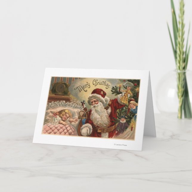 Santa Holding Doll, Sleeping Girl Helgkort (Framsida)