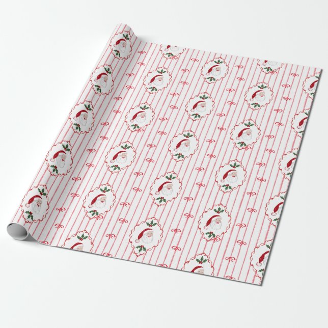 Santa Holly Cameo-fönster med röd bowstripe Presentpapper (Utrullad)