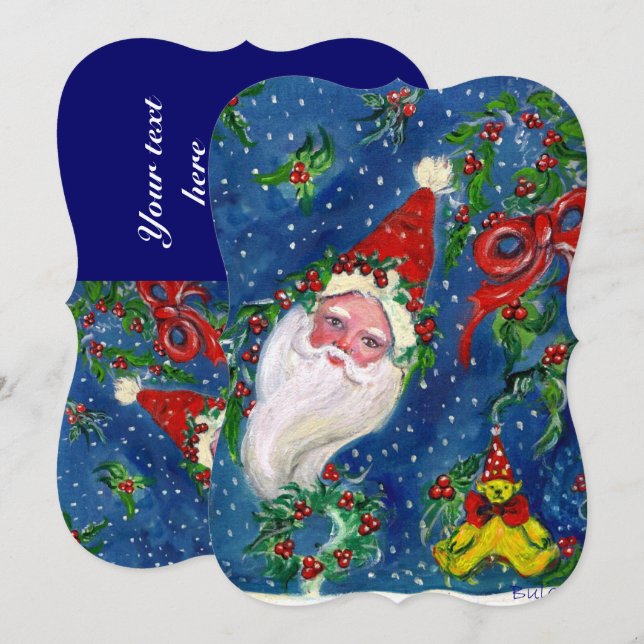 SANTA,HOLLYBERRIES,KRONA,CHRISTMAS PARTY Red Blue Inbjudningar (Fram/baksida)