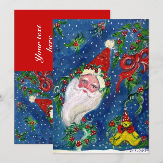 SANTA,HOLLYBERRY KRONA,CHRISTMAS PARTY Red Blue Inbjudningar (Fram/baksida)