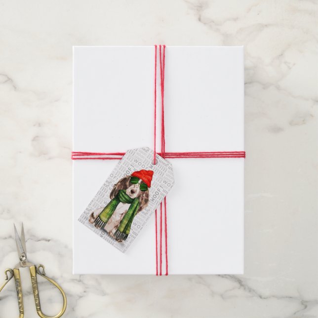 Santa Hund Cocker Spanska Juletiketter Presentetikett (Med Snöre)