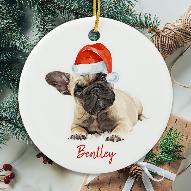 Santa Hund Fransk Bulldog Cute Puppy Julens Hund Julgransprydnad Keramik (Skapare uppladdad)