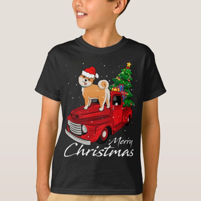 Santa Hund Rides Red Lastbil jul Pajama Costume T Shirt (Framsida)