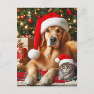 Santa Husdjur Golden Retriever och Kittel Jul Vykort
