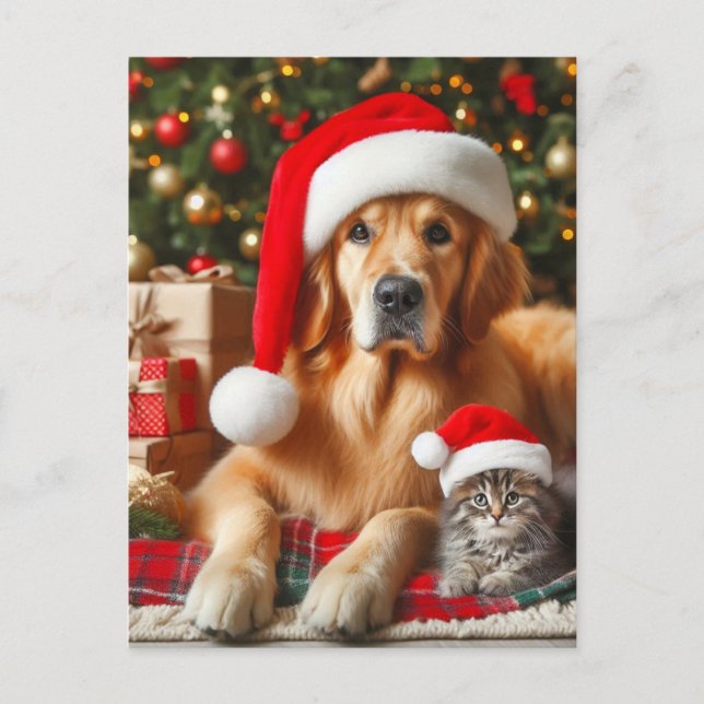 Santa Husdjur Golden Retriever och Kittel Jul Vykort (Framsida)