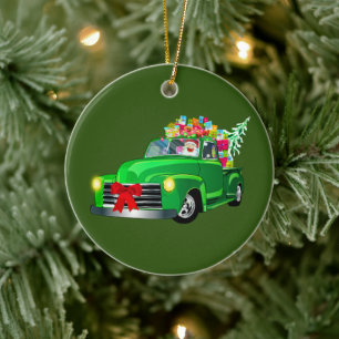 Santa i Grönt Pickupare Lastbil Julgransprydnad Keramik