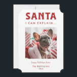 Santa I kan förklara fotoportet Helgdag Humor Julkort<br><div class="desc">Trendig fet fjällrött typografi "SANTA I CAN EXPLAIN... ",  fotokort för humor. Kortfunktioner,  ett foto på framsidan med tre malltexter linjer för meddelande,  namn och år. Kortets baksida kompletteras med vit ritad punkt mönster på röd bakgrund.</div>