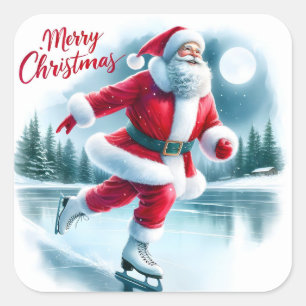 Santa Ice Skates in Winter Wonderland Fyrkantigt Klistermärke