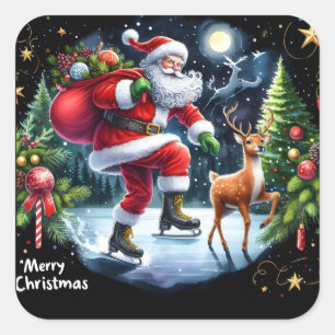 Santa Ice Skates with rener at night Fyrkantigt Klistermärke