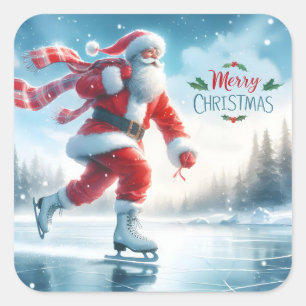 Santa Ice Skating in Winter Bliss Fyrkantigt Klistermärke