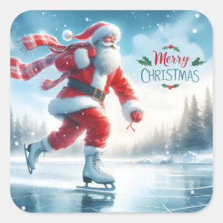 Santa Ice Skating in Winter Bliss Fyrkantigt Klistermärke