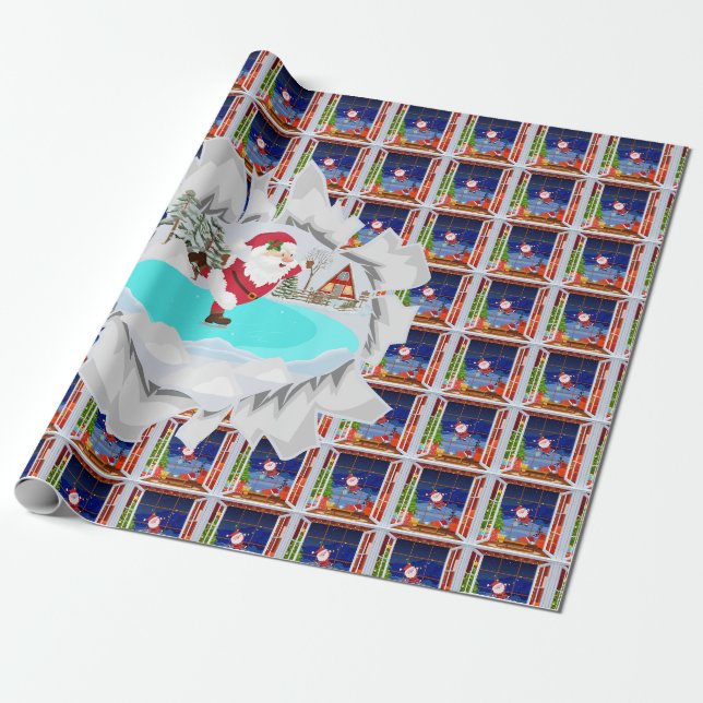 Santa Ice Skating Wrapping Papper Presentpapper (Utrullad)
