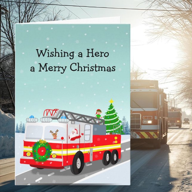 Santa in Firetruck Merry Christmas Hero Kort (Skapare uppladdad)