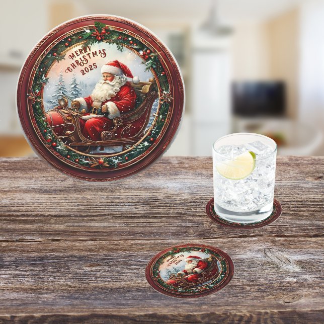 Santa in Hans Sleigh Underlägg Papper Rund (Skapare uppladdad)