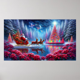Santa in His Sleigh on Poinsettia Pond Wall Poster