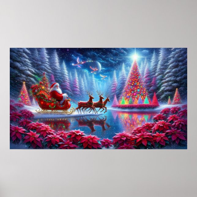 Santa in His Sleigh on Poinsettia Pond Wall Poster (Framsidan)