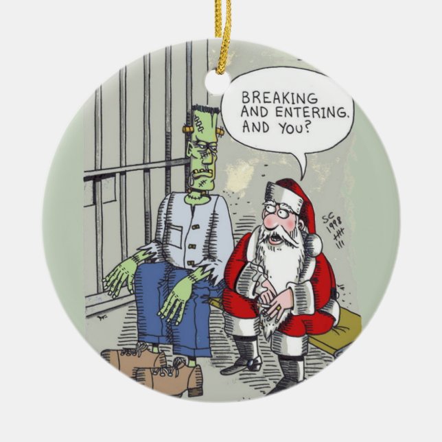 Santa In Jail round ceramic ornament (Framsidan)