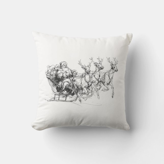 Santa in Sleigh – Minimal Christmas Sketch Kudde (Framsida)
