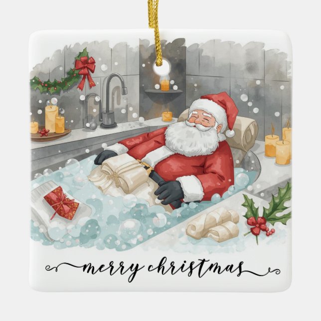 Santa in the Bathtub Spa Christmas themed Julgransprydnad Keramik (Framsida)