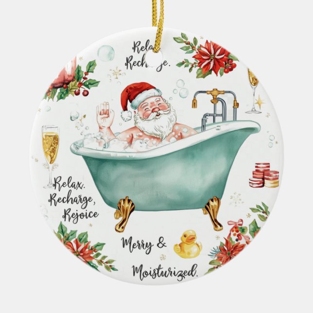 Santa in the Bathtub Spa Christmas themed Julgransprydnad Keramik (Framsidan)