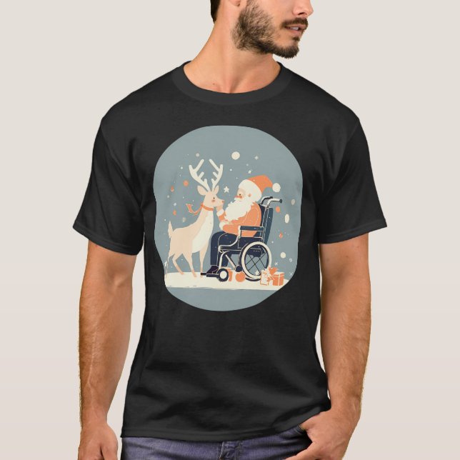 Santa In Wheelstol Pating Reindeer T Shirt (Framsida)