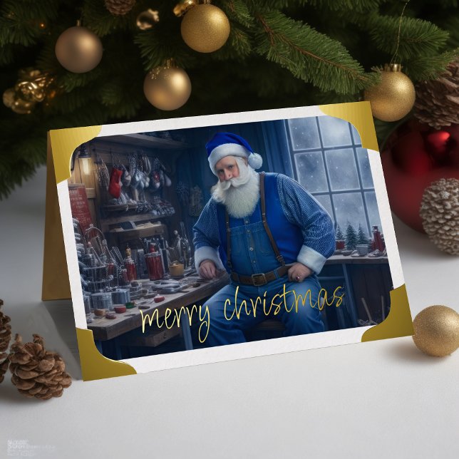 Santa in Workshop Blue Helgkort (Skapare uppladdad)