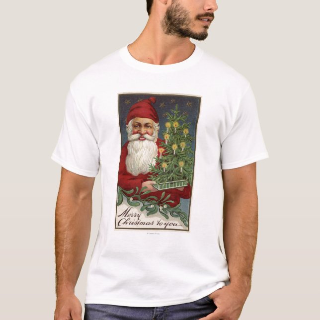 Santa innehav ett Candlelit träd T Shirt (Framsida)