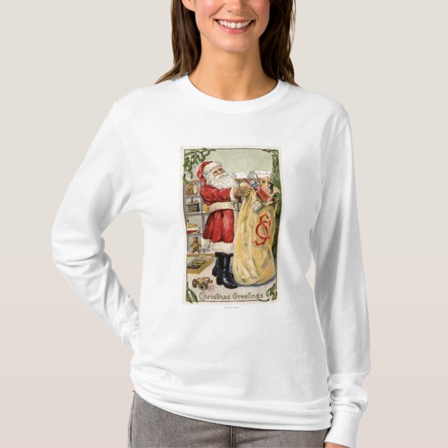 Santa innehav som ett överlopp hänger lös av tee shirt (Framsida)