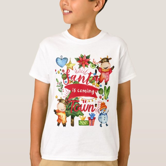 Santa Is Coming To Town - Cute Cows Holiday Party T Shirt (Framsida)