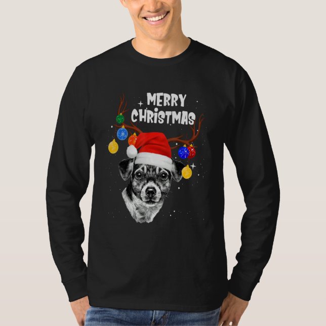 Santa Jack Russell Reindeer Light Christmas T Shirt (Framsida)
