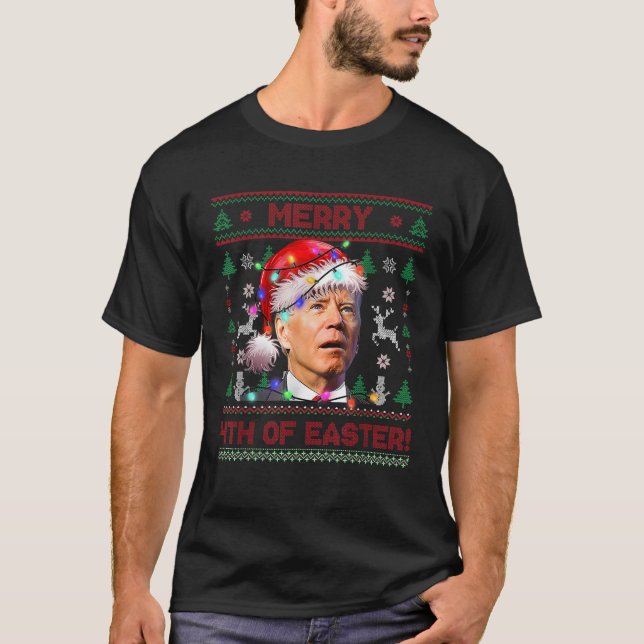 Santa Joe Biden Merry 4:e Påsk Julafton Ljus T Shirt (Framsida)