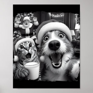 Santa jul rolig katt tar selfie tvättbjörn Xma Poster