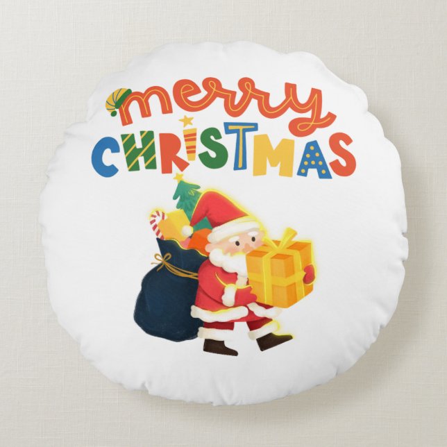Santa Julpresent Glad Jul Kudd Rund Kudde (Framsidan)