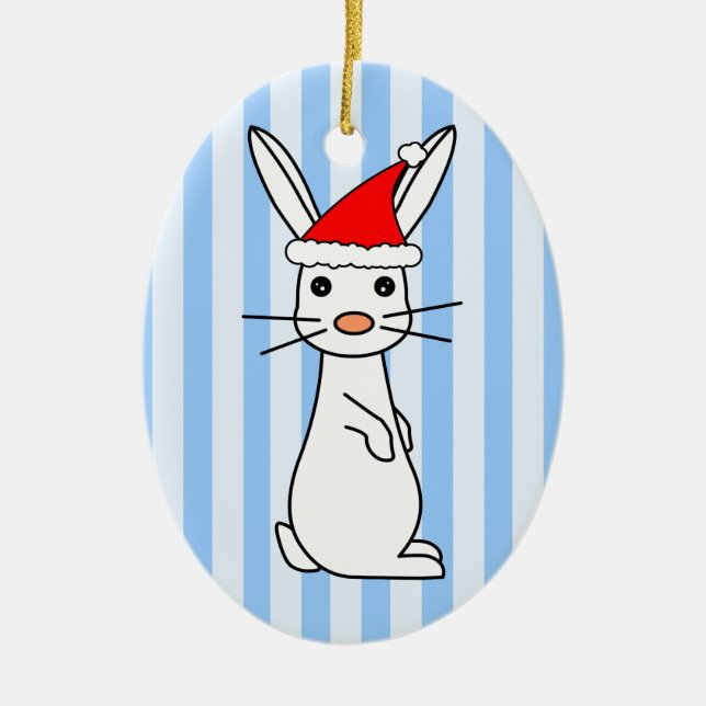 Santa kanin - vit med blåttrandar julgransprydnad keramik (Framsidan)