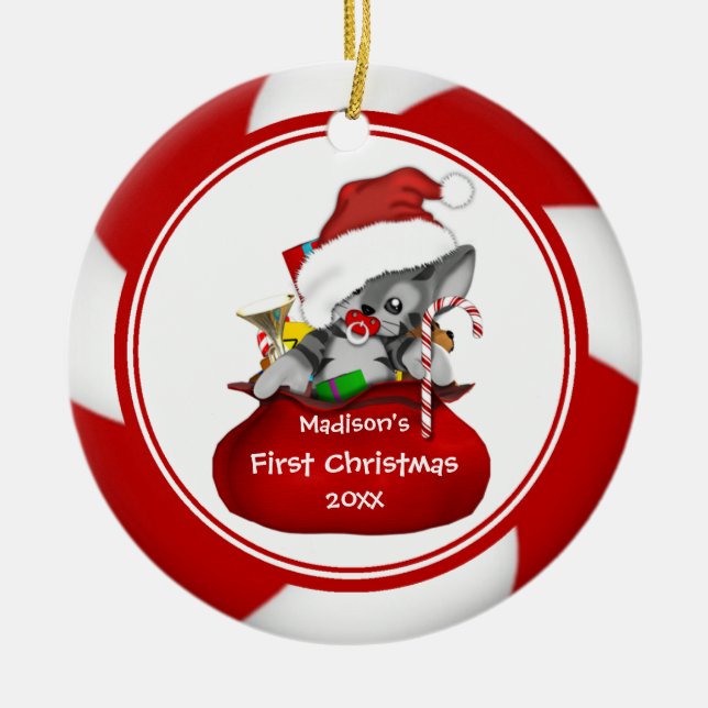 Santa kattungebaby första prydnad för jul julgransprydnad keramik (Framsidan)