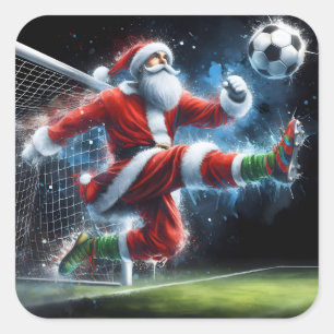 Santa Kicks a Soccer Ball in Winter Fyrkantigt Klistermärke