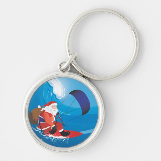 Santa Kitesurf Keychain Rund Silverfärgad Nyckelring (Framsidan)