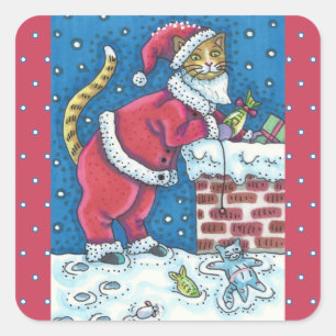 SANTA KLO CAT ON ROOFTOP BRINGGAMS, FUNNY FYRKANTIGT KLISTERMÄRKE