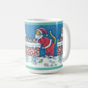 SANTA KLO CAT ON ROOFTOP BRINGGAMS, FUNNY KAFFEMUGG