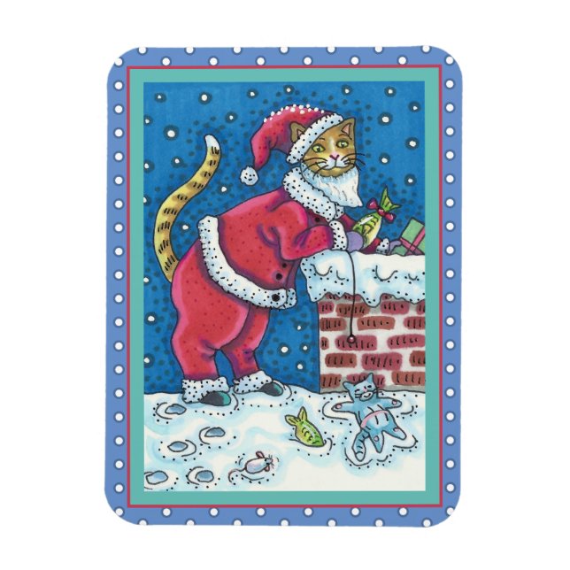 SANTA KLO CAT ON ROOFTOP BRINGGAMS, FUNNY MAGNET (Vertikal)