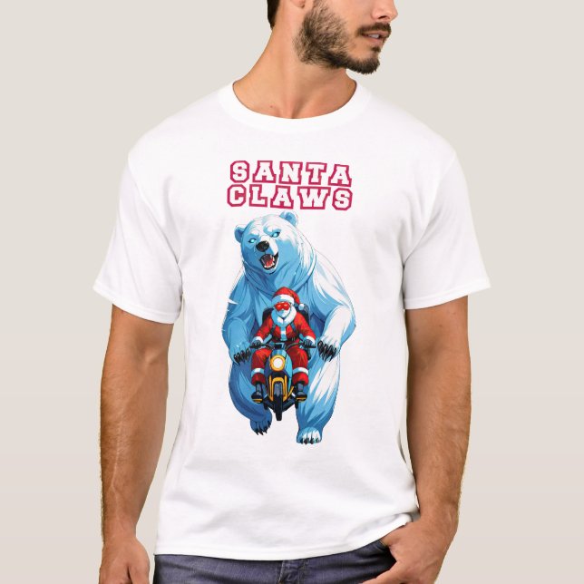 Santa Klo: Riding a Motorcycle with a Magic Po T Shirt (Framsida)