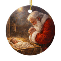 Santa Kneeling at the Manger Nativity